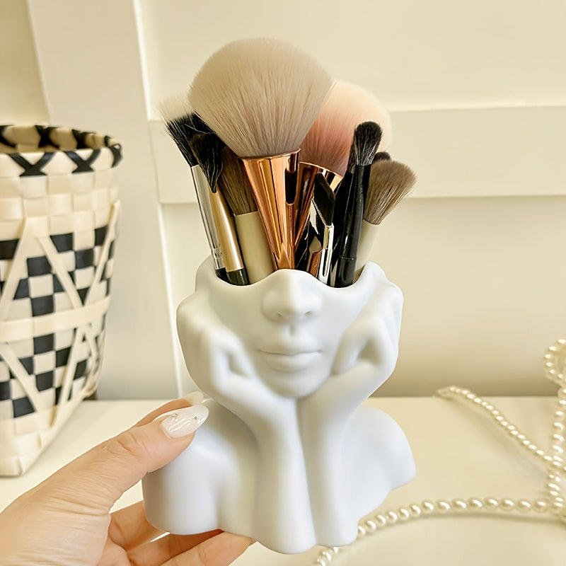 1pc Abstract Face Design Multi-Functional Storage Organizer - Lightweight Anti-Drop Synthetic Resin Makeup Brush Holder & Pen Stand for Vanity, Desk, Bathroom Countertop - Unisex Adult Home Decor, Vanity Accessory, Modern Decor Accessory, Durable Decor