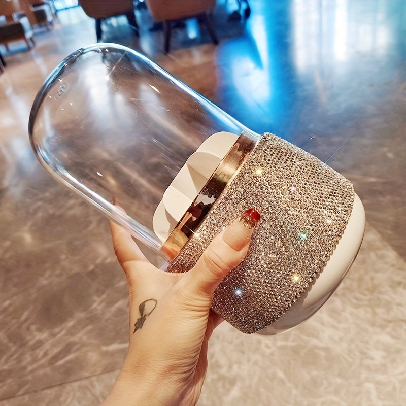 1pc Elegant Round Rotating Makeup Brush Holder with Sparkling Rhinestone Design - Dustproof Cosmetic & Lipstick Organizer, Freestanding Plastic Storage Box with Lid for Vanity Display, Makeup Brush Holder for Bathroo