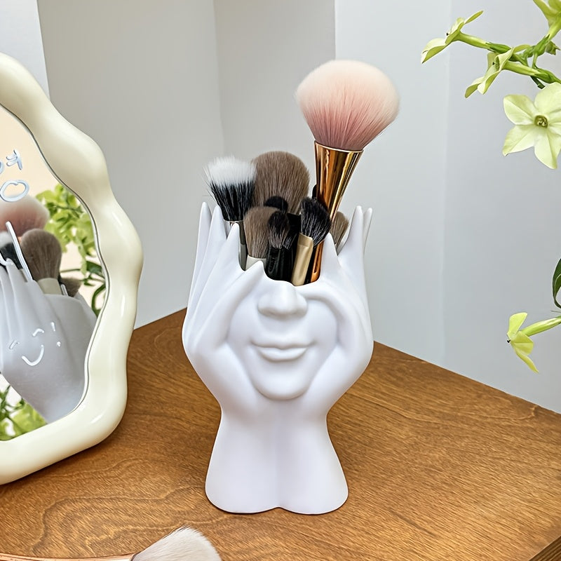 1pc Abstract Face Design Multi-Functional Storage Organizer - Lightweight Anti-Drop Synthetic Resin Makeup Brush Holder & Pen Stand for Vanity, Desk, Bathroom Countertop - Unisex Adult Home Decor, Vanity Accessory, Modern Decor Accessory, Durable Decor