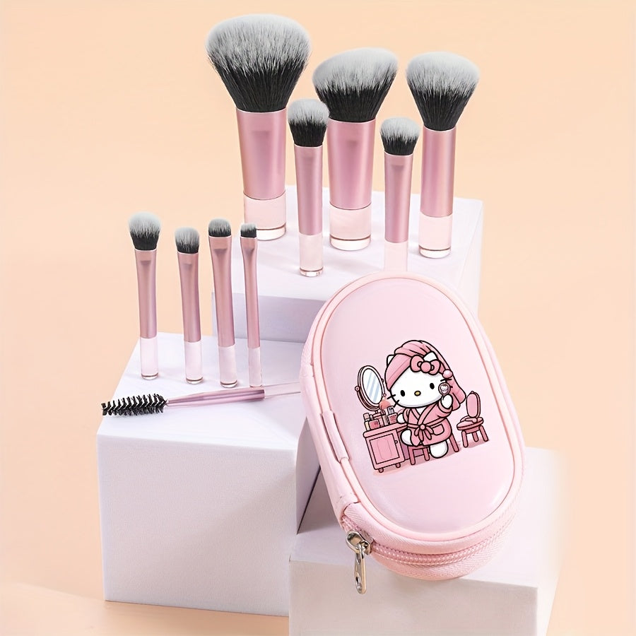 10pcs for hello kitty Mini Makeup Brush Set, Portable Travel with Storage Box, Powder Brush Contour Brush, Eyeshadow Brush, Eyebrow Brush Concealer Brush Kit, Professional Makeup Brushes, Women'S Cosmetics