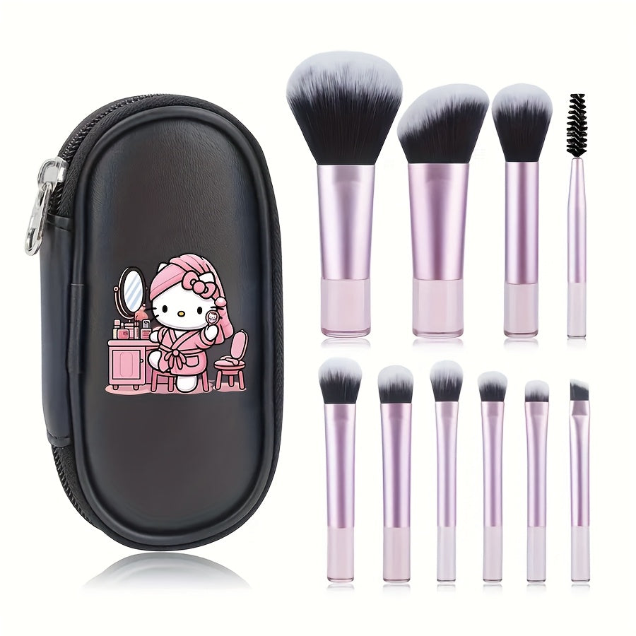 10pcs for hello kitty Mini Makeup Brush Set, Portable Travel with Storage Box, Powder Brush Contour Brush, Eyeshadow Brush, Eyebrow Brush Concealer Brush Kit, Professional Makeup Brushes, Women'S Cosmetics