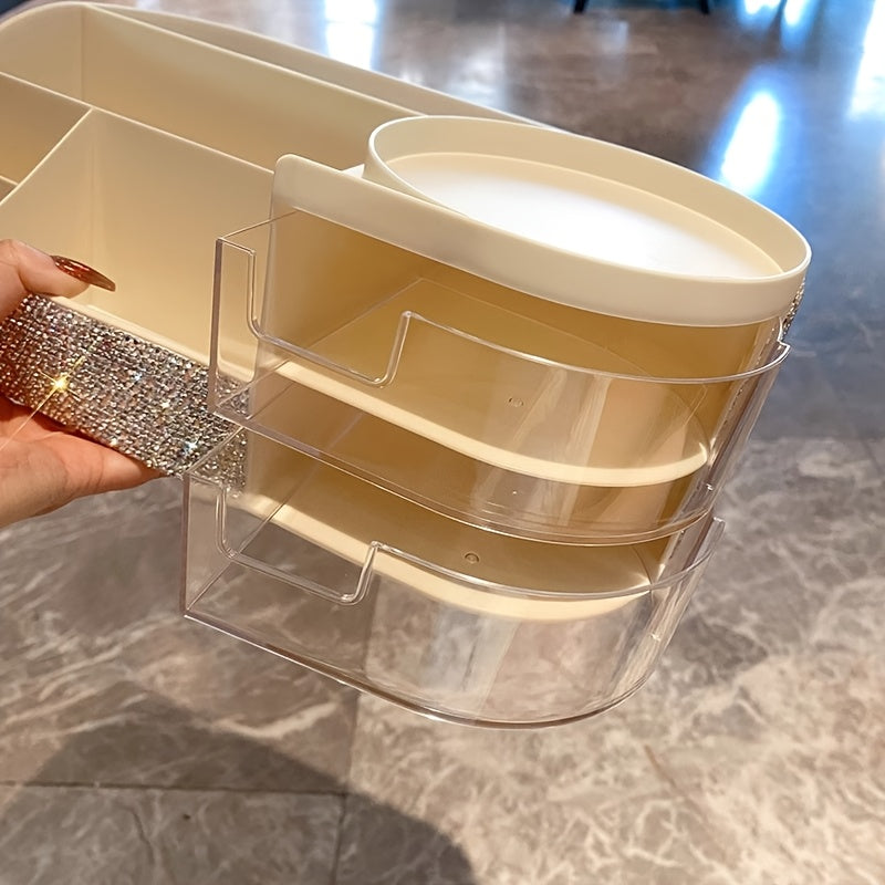 1pc Luxury Multi-Compartment Cosmetic Organizer with Sparkling Rhinestone Design - Large Capacity Makeup Brush & Lipstick Holder, Creative Remote & Key Storage Box, Standalone Plastic Organizer for Home or Office, Standalone Organizer|Decorative