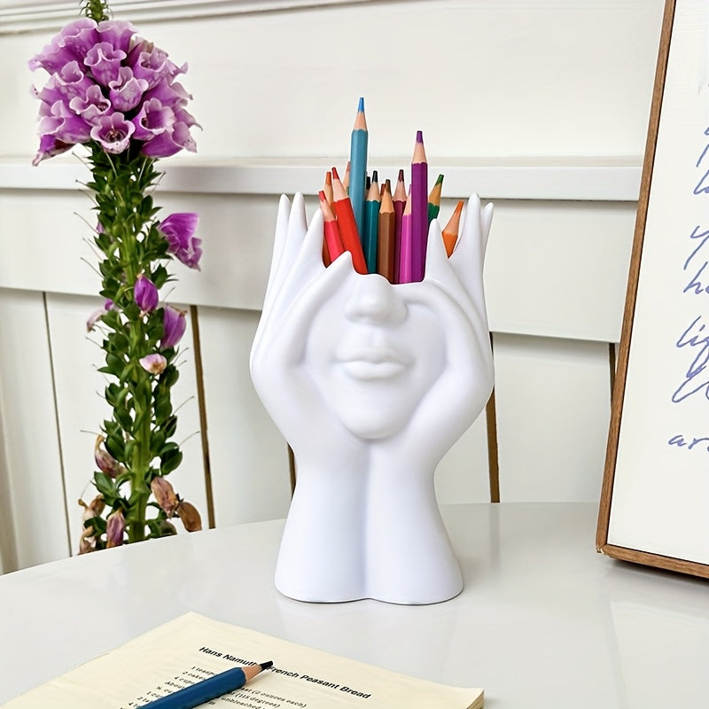 1pc Abstract Face Design Multi-Functional Storage Organizer - Lightweight Anti-Drop Synthetic Resin Makeup Brush Holder & Pen Stand for Vanity, Desk, Bathroom Countertop - Unisex Adult Home Decor, Vanity Accessory, Modern Decor Accessory, Durable Decor