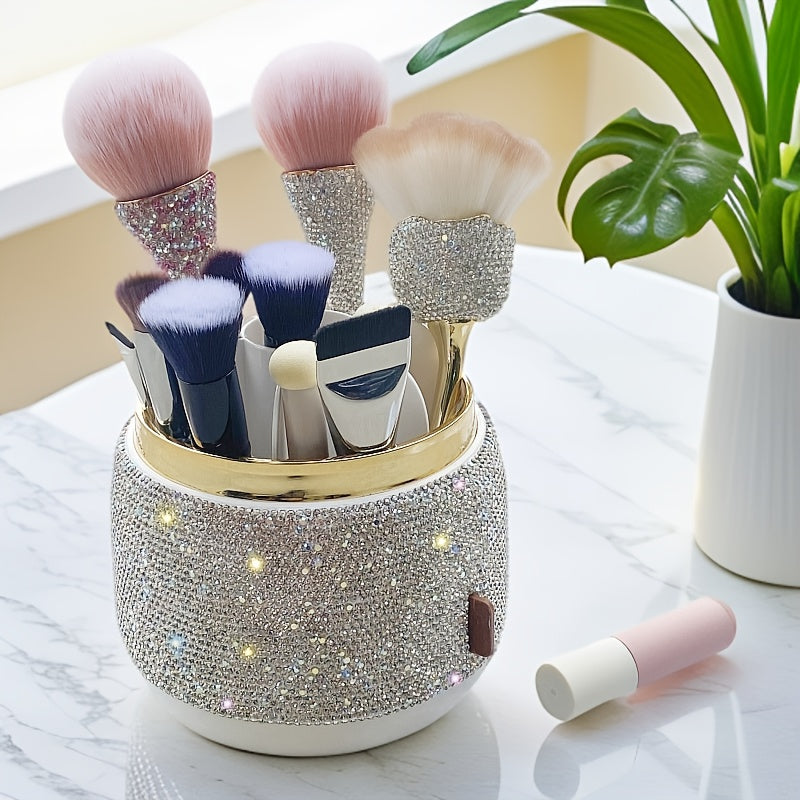 1pc Elegant Round Rotating Makeup Brush Holder with Sparkling Rhinestone Design - Dustproof Cosmetic & Lipstick Organizer, Freestanding Plastic Storage Box with Lid for Vanity Display, Makeup Brush Holder for Bathroo