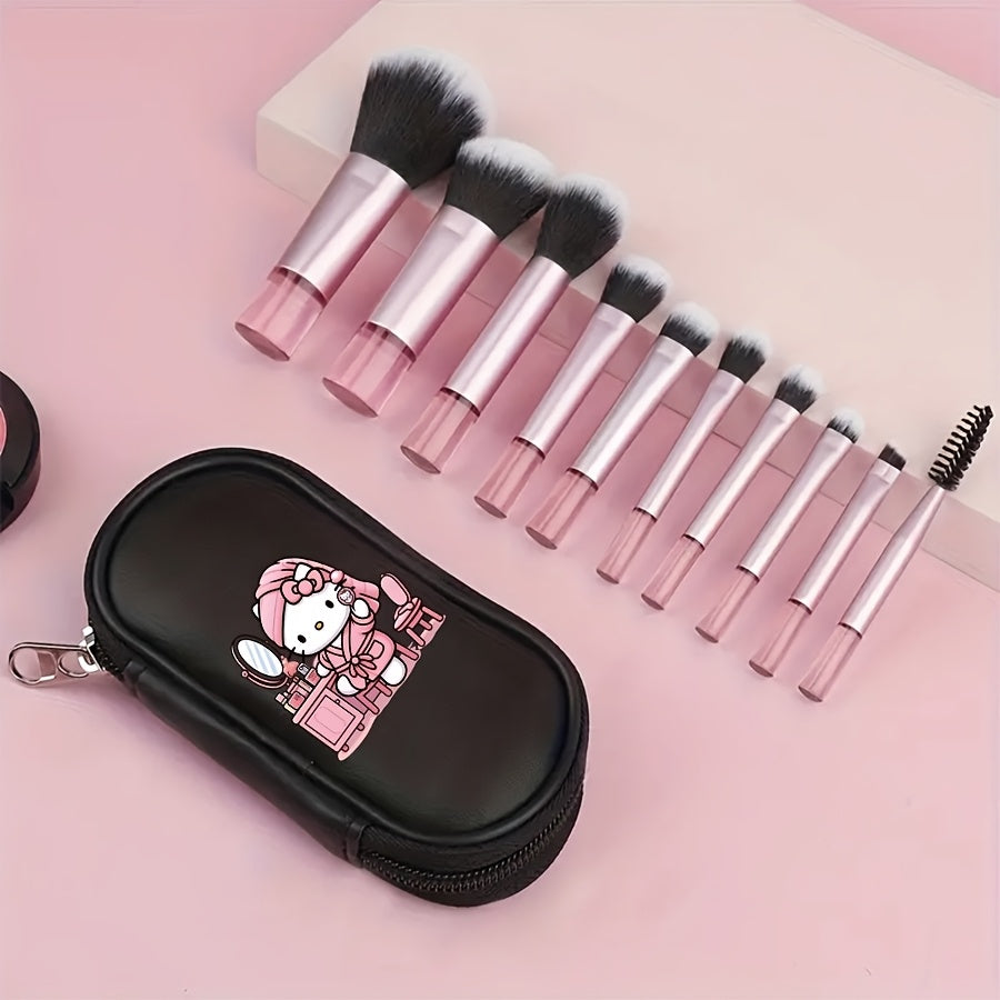 10pcs for hello kitty Mini Makeup Brush Set, Portable Travel with Storage Box, Powder Brush Contour Brush, Eyeshadow Brush, Eyebrow Brush Concealer Brush Kit, Professional Makeup Brushes, Women'S Cosmetics