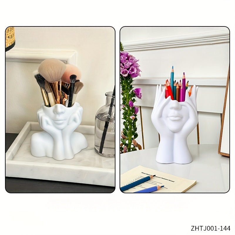 1pc Abstract Face Design Multi-Functional Storage Organizer - Lightweight Anti-Drop Synthetic Resin Makeup Brush Holder & Pen Stand for Vanity, Desk, Bathroom Countertop - Unisex Adult Home Decor, Vanity Accessory, Modern Decor Accessory, Durable Decor