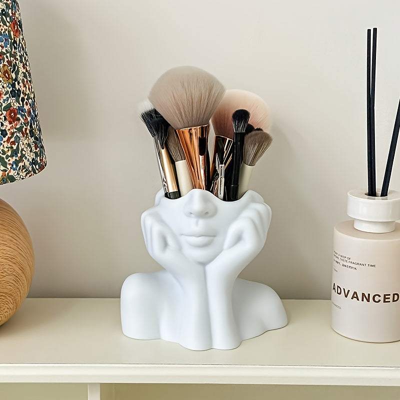 1pc Abstract Face Design Multi-Functional Storage Organizer - Lightweight Anti-Drop Synthetic Resin Makeup Brush Holder & Pen Stand for Vanity, Desk, Bathroom Countertop - Unisex Adult Home Decor, Vanity Accessory, Modern Decor Accessory, Durable Decor