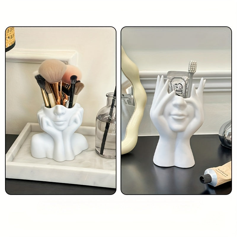 1pc Abstract Face Design Multi-Functional Storage Organizer - Lightweight Anti-Drop Synthetic Resin Makeup Brush Holder & Pen Stand for Vanity, Desk, Bathroom Countertop - Unisex Adult Home Decor, Vanity Accessory, Modern Decor Accessory, Durable Decor