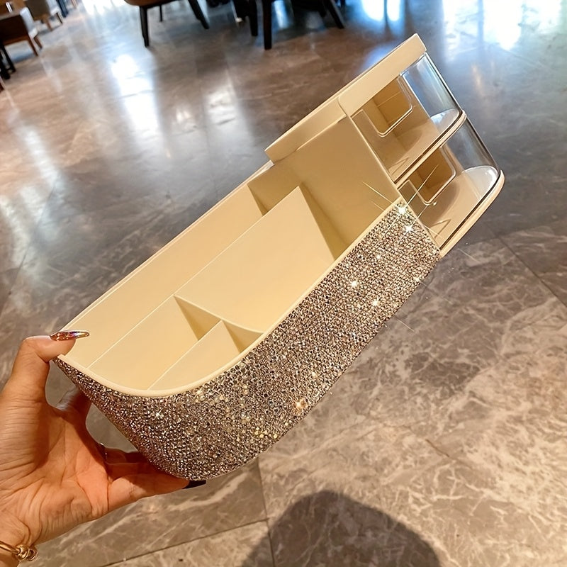 1pc Luxury Multi-Compartment Cosmetic Organizer with Sparkling Rhinestone Design - Large Capacity Makeup Brush & Lipstick Holder, Creative Remote & Key Storage Box, Standalone Plastic Organizer for Home or Office, Standalone Organizer|Decorative
