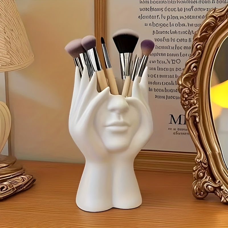 1pc Abstract Face Design Multi-Functional Storage Organizer - Lightweight Anti-Drop Synthetic Resin Makeup Brush Holder & Pen Stand for Vanity, Desk, Bathroom Countertop - Unisex Adult Home Decor, Vanity Accessory, Modern Decor Accessory, Durable Decor