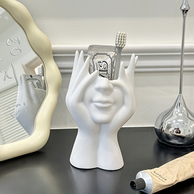 1pc Abstract Face Design Multi-Functional Storage Organizer - Lightweight Anti-Drop Synthetic Resin Makeup Brush Holder & Pen Stand for Vanity, Desk, Bathroom Countertop - Unisex Adult Home Decor, Vanity Accessory, Modern Decor Accessory, Durable Decor